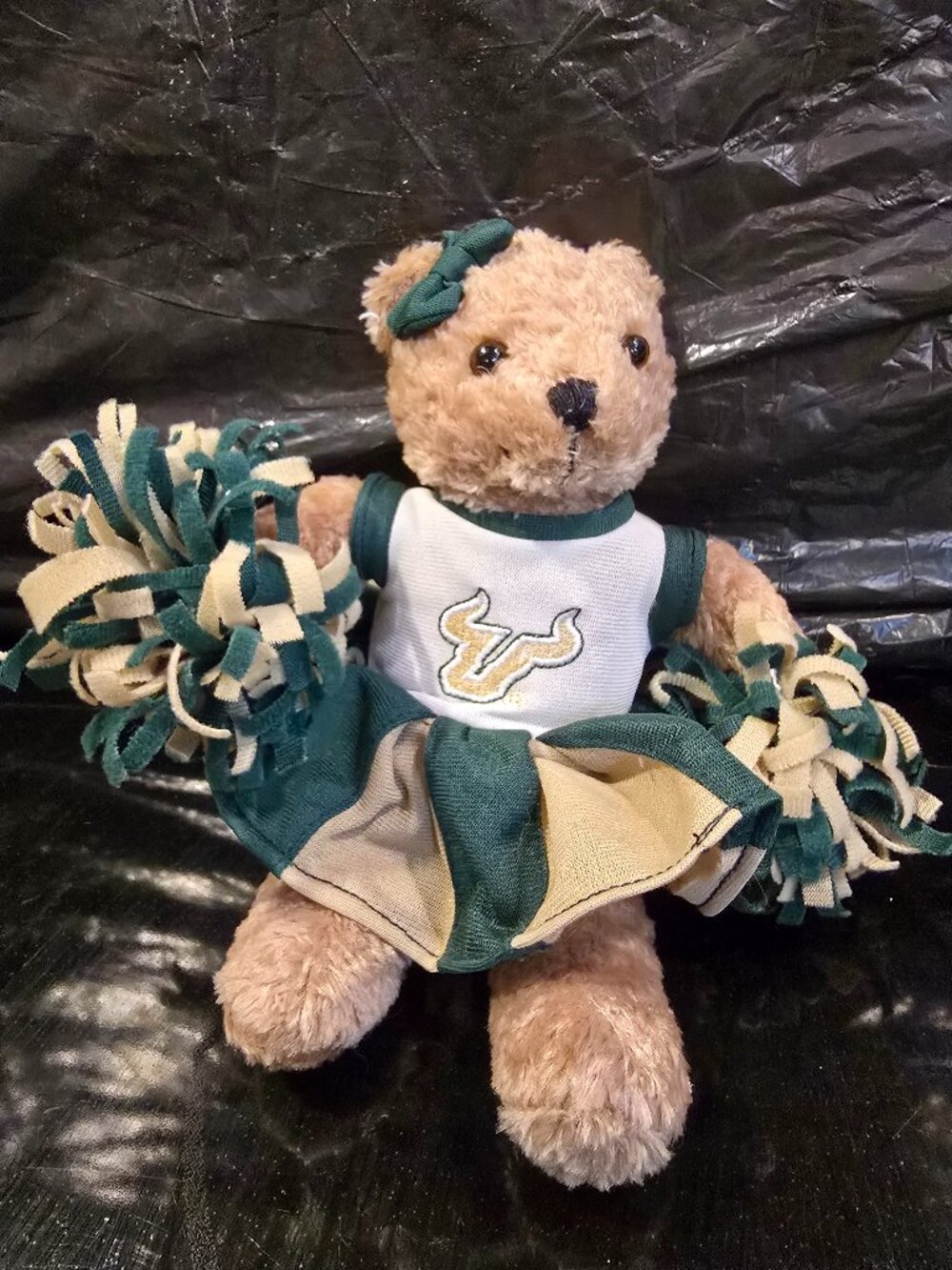 Bear Plush Cheerleader University of South Florida Bulls Green Gold PomPoms 7.5"